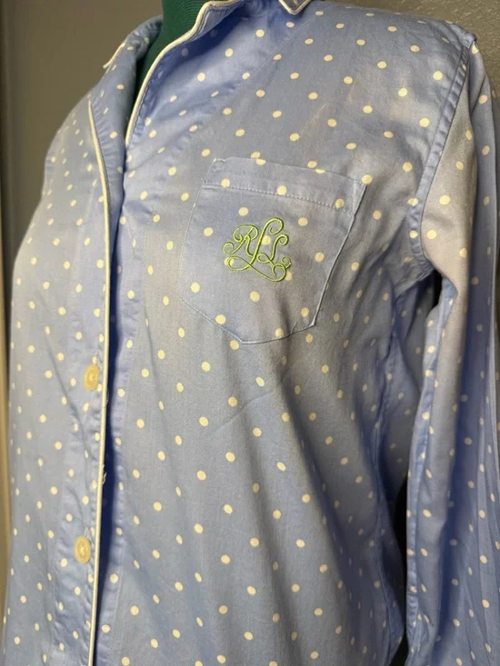 Lauren Ralph Lauren Polka Dot Pajama Top Women’s M Blue Cotton Button Down - Picture 5 of 13